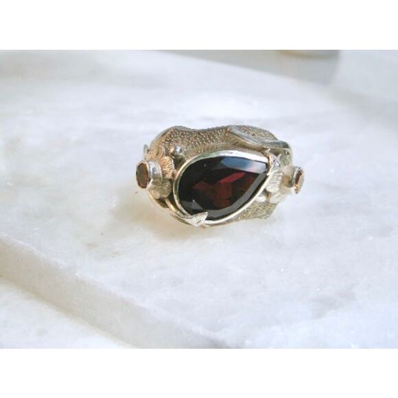 Red Garnet Grossular Garnets Sterling Silver Carved Flower Ring US Sz 8.5 - Picture 3 of 9